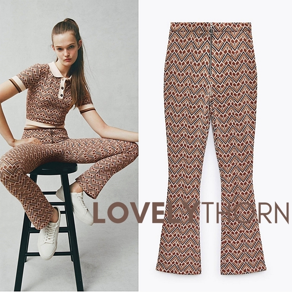 ZARA // ltd ed spalding collab groovy print high waist zip jacquard flare pants